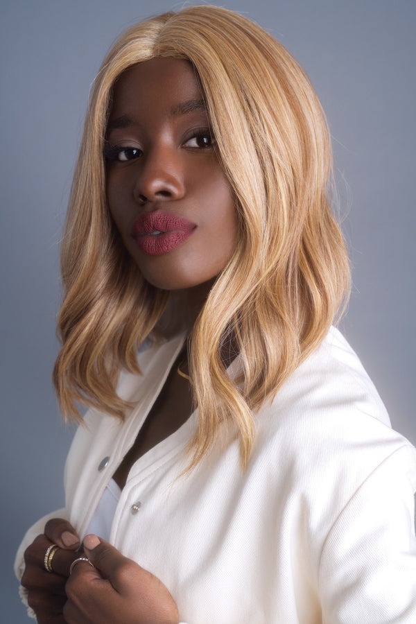 Heat Friendly Mid Wavy topper by Alexander Couture in Cinder Toffee