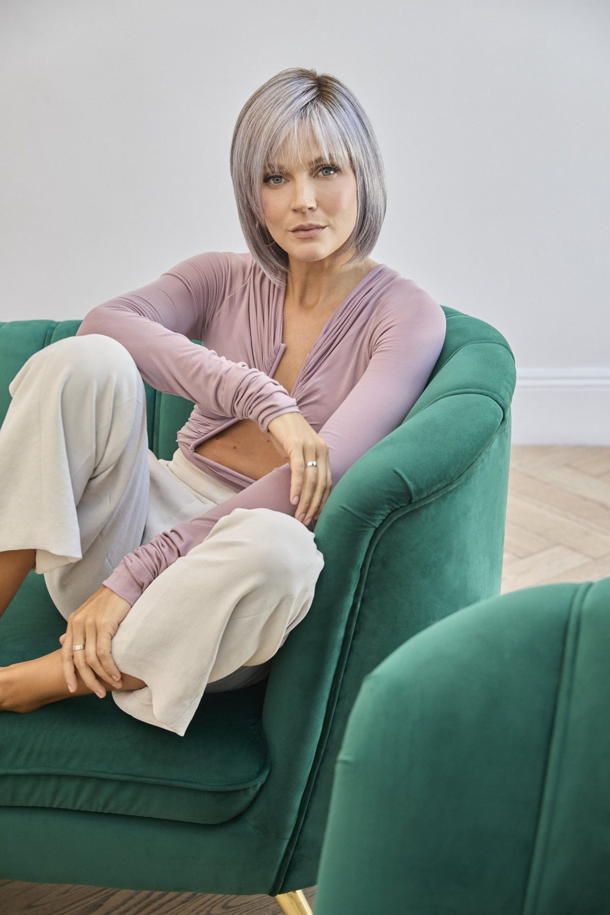 Wynn Wig by Noriko, chin length bob with bangs, in Lilac Silver-R
