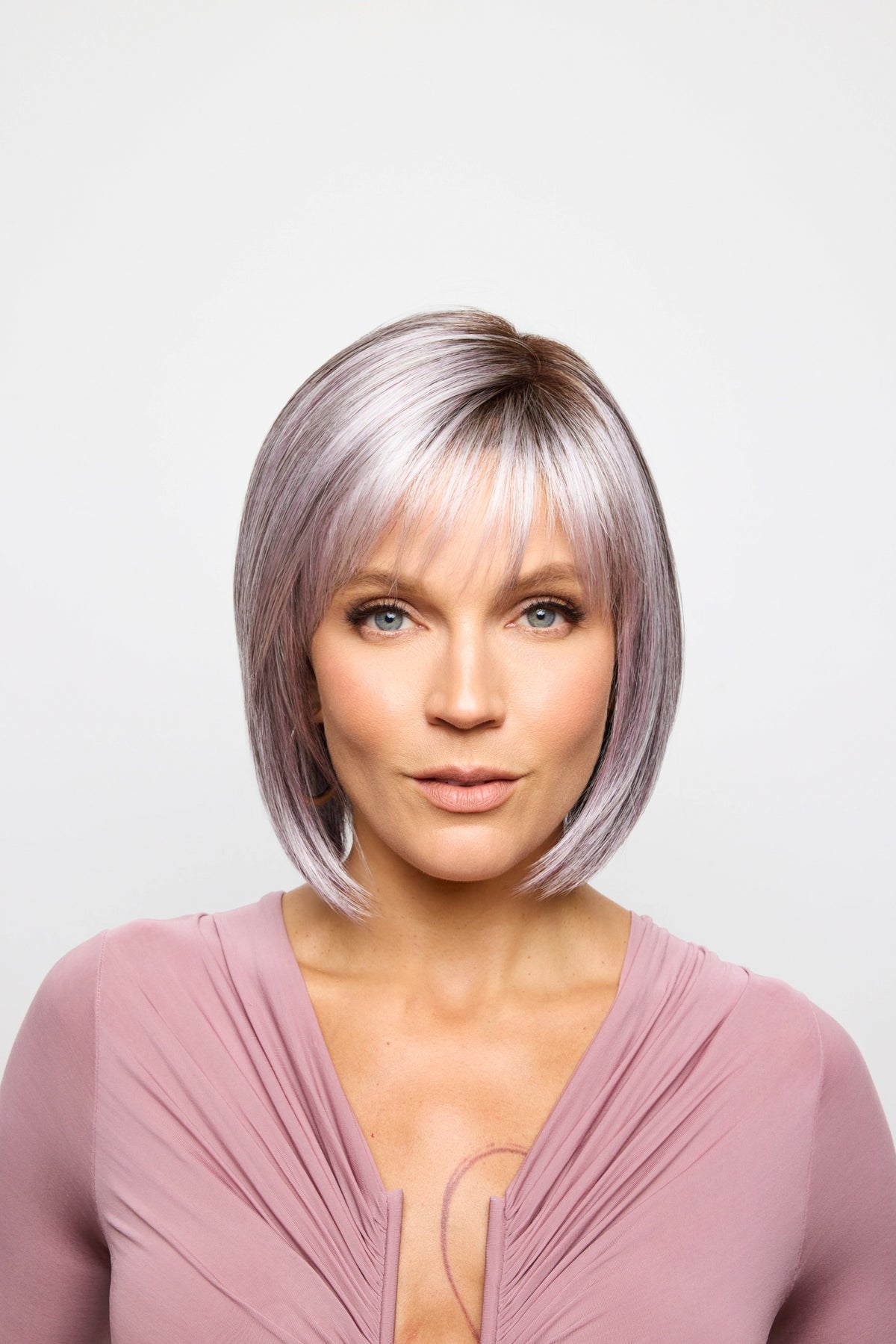 Wynn Wig by Noriko, chin length bob with bangs, in Lilac Silver-R