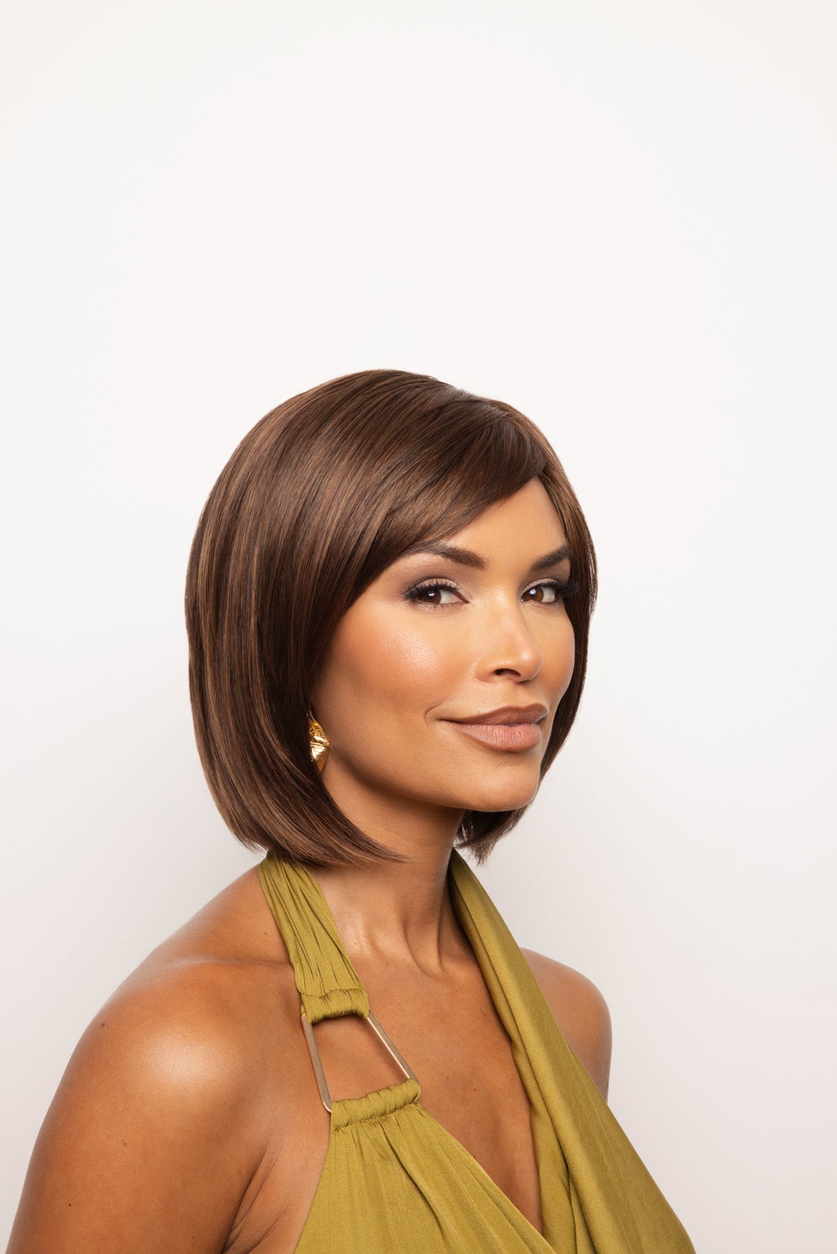 Wynn Wig by Noriko, chin length bob with bangs, in Spiced Brown
