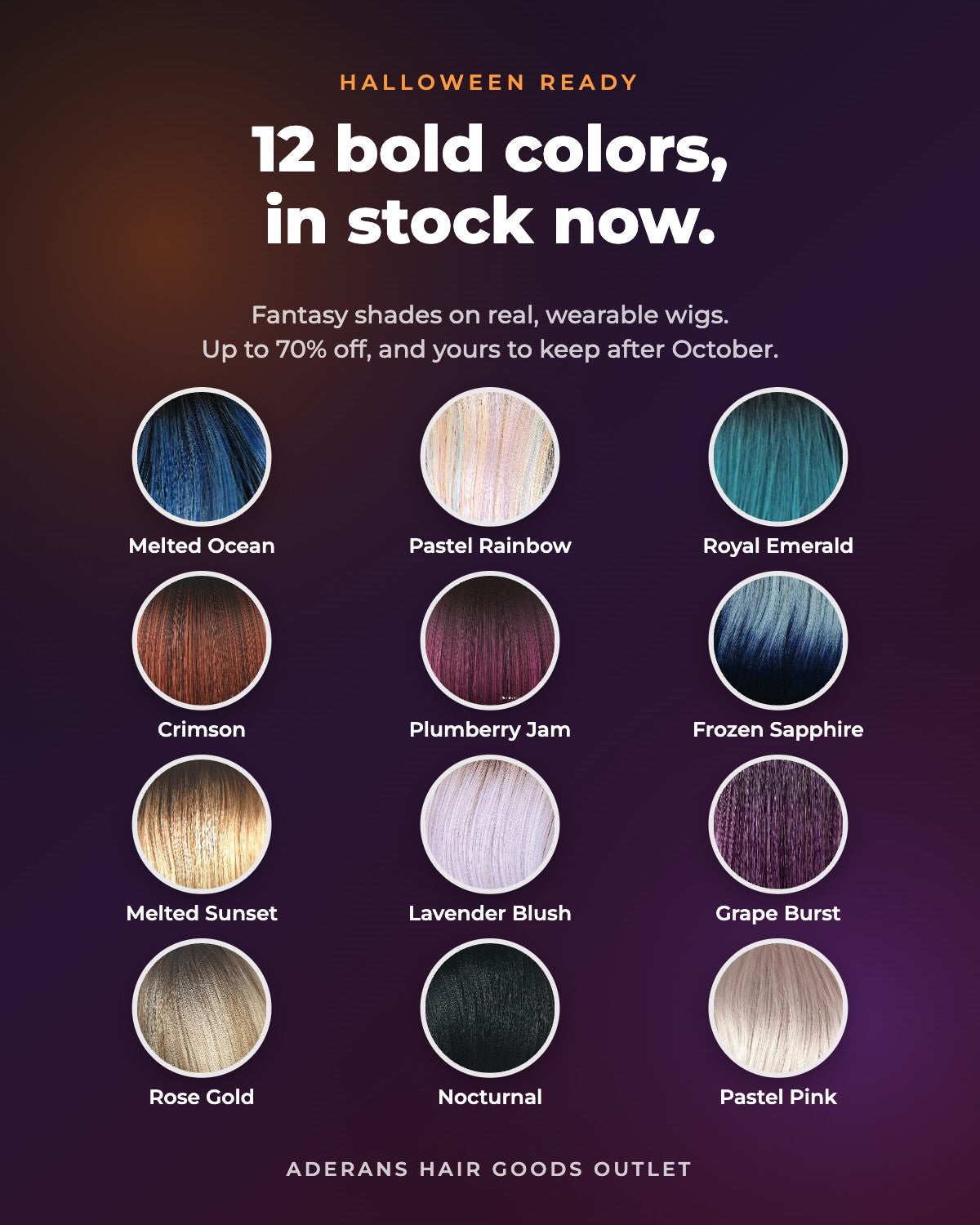 Twelve bold wig colors in stock for Halloween